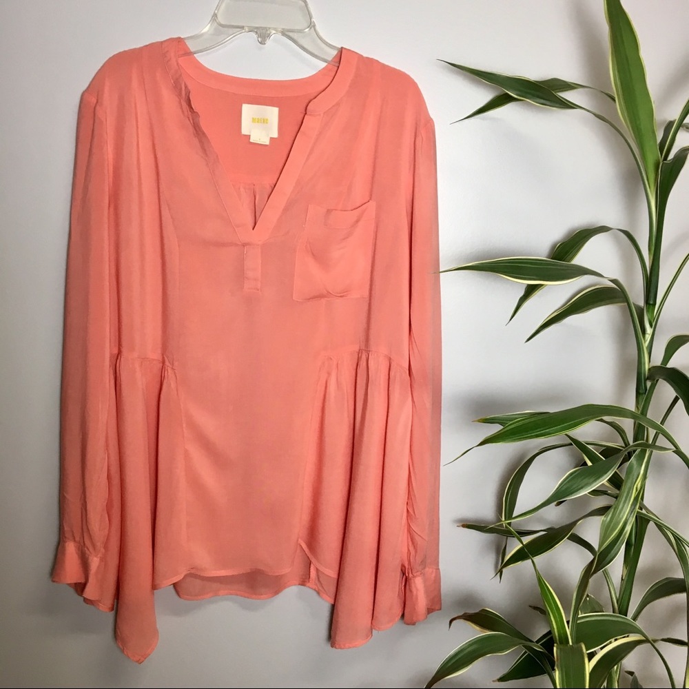 Anthropologie Maeve Laiken Henley Coral Flowy Top